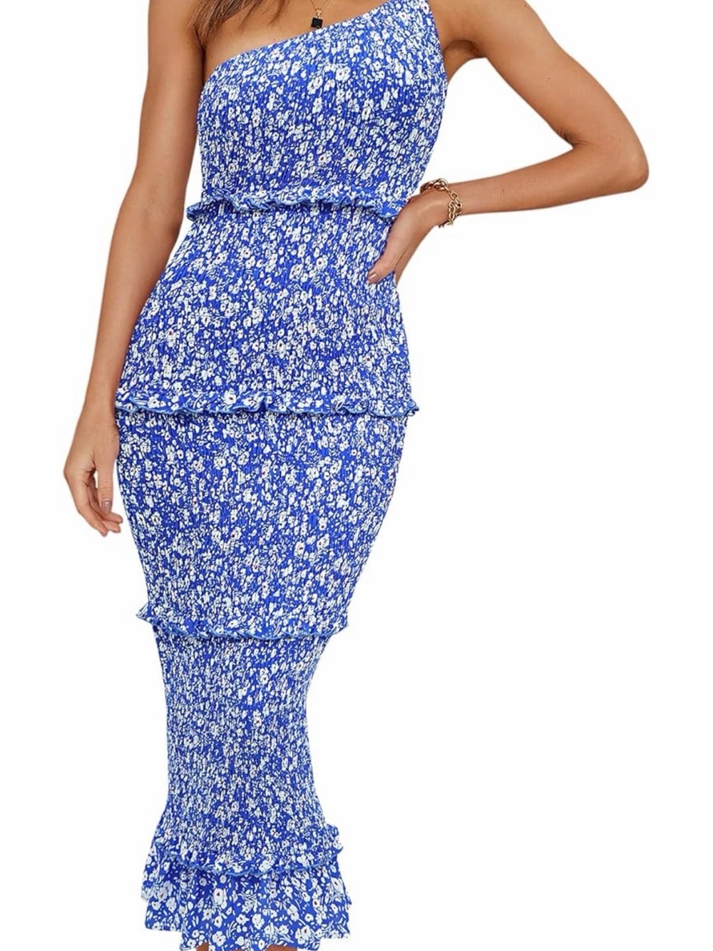 One-Shoulder Blue Floral Ruffled Midi Dress